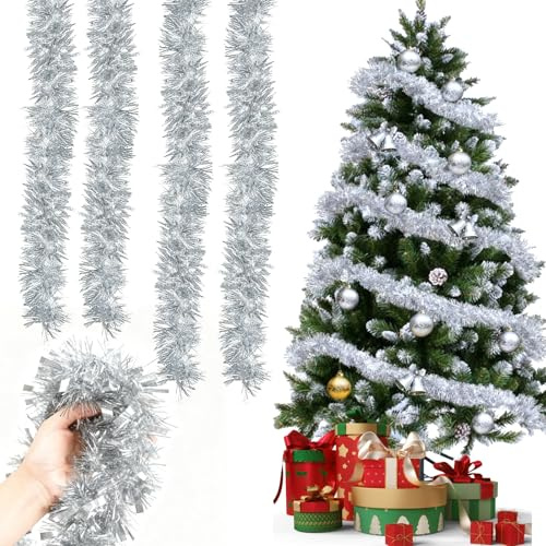 Weihnachtsbaum Girlande Silber, 4 X 3M Glänzend Weihnachtsgirlande Ornamente, Weihnachten Lametta G-irlande, Weihnachtsdeko Girlande für Weihnachtsbaum Innen Aussen Tür Treppe (Silber)