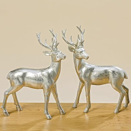 mucHome 1x Deko-Hirsch Figur, Silber Glitzer-Finish, 22cm oder 15cm Höhe, Stehend oder Sitzend, Zufällige Lieferung (Stehend 22cm)