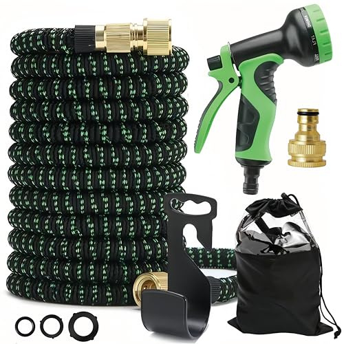 100FT/30M Expandable Water Hose with 10 Function Hose Nozzle, Extra Strength Elastic Hose with 1/2 &3/4 2-in-1 Brass External Fittings， Hosepipe for Gardening Patio Car Washing Pet Bathing (100FT)