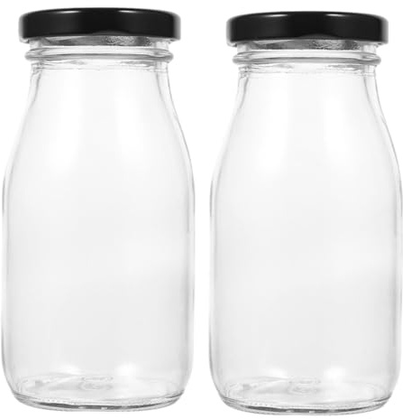 Hohopeti Botellas de Vidrio para Leche 200 Ml con Tapa Metálica Hermética, Pack 2 Unidades, Reutilizables para Yogur, Zumo y Bebidas, Botellas Vacías para Almacenamiento Seguro en Cocina