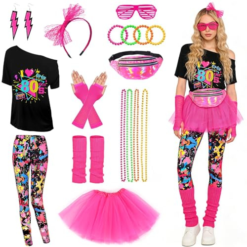 DAZZTIME 80er Jahre Outfit Damen,Damen 80er Jahre Workout Kostüm,80er Jahre Accessoires,90er Jahre Outfit,mit Bauchtasche,Stirnband,Beinwärmer,für Karneval,Halloween,Fasching,Mottoparty