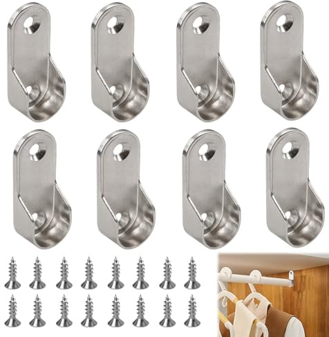 Ebksqs 8Piezas Soporte Barra Armario, 16mm, Soportes de Metal para Tubo de Armario con 16 Tornillos, Estantes para Ropa, Kit de Montaje para Riel, Organizador de Almacenamiento para Armario