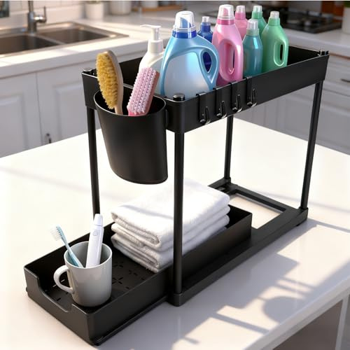 Organizer Sottolavello Cucina 2 Livelli, Scaffale Portaoggetti con Cassetto Scorrevole, Ganci e Tazza Appesa, Salvaspazio per Cucina e Bagno – Nero