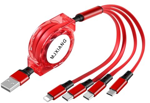 MJXIANG 4 in 1 Einziehbares USB Ladekabel, 3A Multi Schnellladekabel 1M | Mehrfach anschlüsse 2*Typ C/iP/Micro. TPE Handy zubehör für Phone17 16 15, Galaxy S26, Tablets, PS5, Switch, Powerbank, Auto