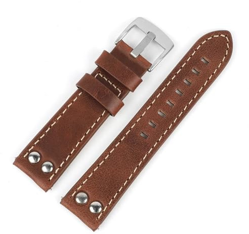 sjniosn 20 mm 22 mm vintage klockband i äkta läder med nitarmband utbyte Silver Carving rem Klocktillbehör for män(Brown,20mm)