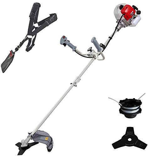 IKRA 73046560 Benzin Freischneider Trimmer IBF 43 inkl. Fadenspule 3-Zahn-Messer & Schultergurt, 1.1 kW, Grau/Rot