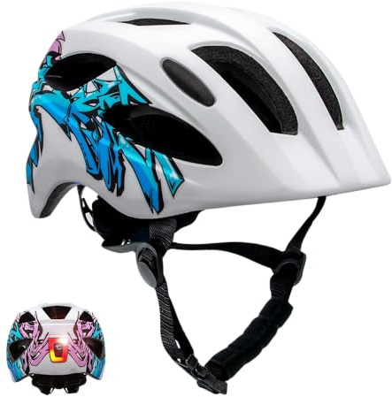 Crazy Safety Casco da Bici per Bambini 6-12 Anni Graffiti | per Bicicletta, Skateboard, MTB, Pattini a Rotelle e Monopattino | Con Fanale Ricaricabile | Regolabile 54-58 cm (Bianco/Blu)