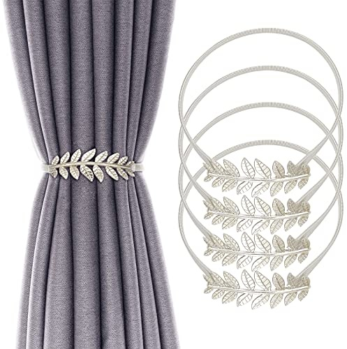 4Pack Aluminum Alloy Spring Design Curtain Tiebacks - Leaf Carving Design Curtain Ties for Drapes - Modern Style Holdbacks (Silver Leaf)
