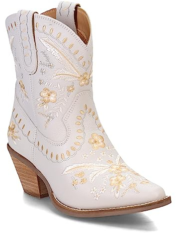 Dingo Womens Primrose Floral Embroidered Snip Toe Pull On Casual Boots Ankle Mid Heel 2-3 - Off White - Size 9 M