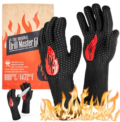 Gants de barbecue Grill Master - Résistants à la chaleur jusqu'à 800 °C - Résistants à l'eau et au feu - Pour cuisiner, cuire, brasero - Lavables et réutilisables - Accessoire de barbecue idéal