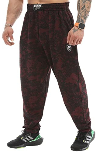 BIG SAM SPORTSWEAR COMPANY herr säckig sweatpants med fickor, gammaldags lös passform gym byxor, Svart/röd, XXL