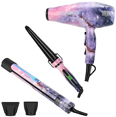 3 IN 1, Föhn + Glätteisen + Lockenstab, PARWIN PRO BEAUTY Styling Set, Ionen Haartrockner, Glätteisen Locken und Glätten, Lockenstab Konisch, Geschenkset Frauen, Galaxie-Sternmuster
