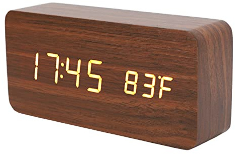 Digitaler Wecker für Schlafzimmer, 12/24 Stunden LED Uhr aus Holz mit Sprachsteuerung, 3 Einstellbare Helligkeiten, USB oder Batterie Digitaluhr für Nachttisch, Elektrische Uhren