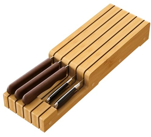 Knife Organizer Drawer Insert, In-Drawer Bamboo Wood Knife Block, Drawer Knife Storage Steak Knife Holder Without Knives, Holds up to 5 Knives