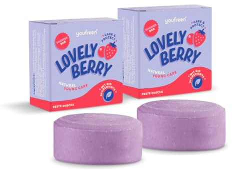 youfreen Festes Duschgel (2 x 75 g) für Kinder, Teens & Erwachsene, vegane Duschpflege mit Bio Kokosöl, feste Dusche Naturkosmetik für Pflege und Feuchtigkeit (Lovely Berry)