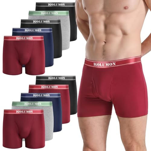 IGOLUMON Bamboo Mens Boxers Shorts Multipack 10 Pack Soft Comfortable Underwear Open Fly with Pouch Breathable Classic Fit Hipsters
