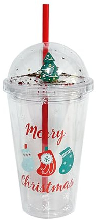Gobelet à eau réutilisable sur le thème de Noël avec paille et couvercle - 450 ml - Convient pour les fêtes de Noël