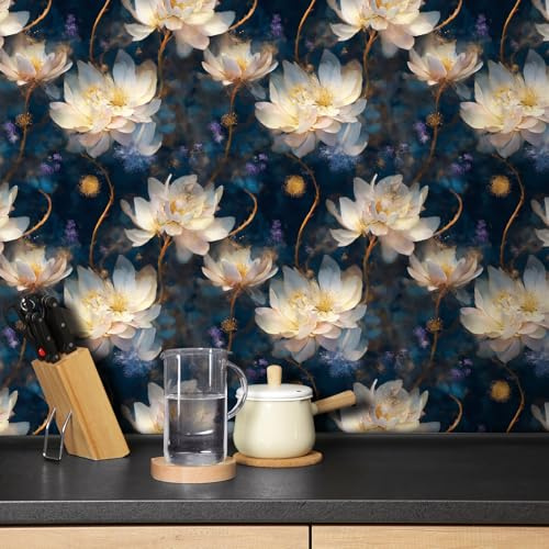 Livelynine Tapete Selbstklebend Blau mit Blumen Weiß Gold 44.5CMx7M Klebefolie Möbel Beige Blumen Selbstklebende Tapete Schlafzimmer Flur Blumentapete Vintage Rosa Weiß Beige Floral Mustertapete Blume