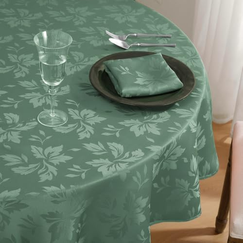 Romanstile Tischdecke Outdoor rund 120 cm abwaschbar Mint Grün Frühling Blätter Damast Muster wasserabweisend Wetterfest klein Tischtuch Table Cloth für Geburtstag,Ostern,Spring,Garten,Balkon