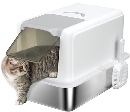 PawHut Stainless Steel Cat Litter Box with Removable Lid, Scoop, White | Extra Large Metal Cat Litter Tray, Filter Bags