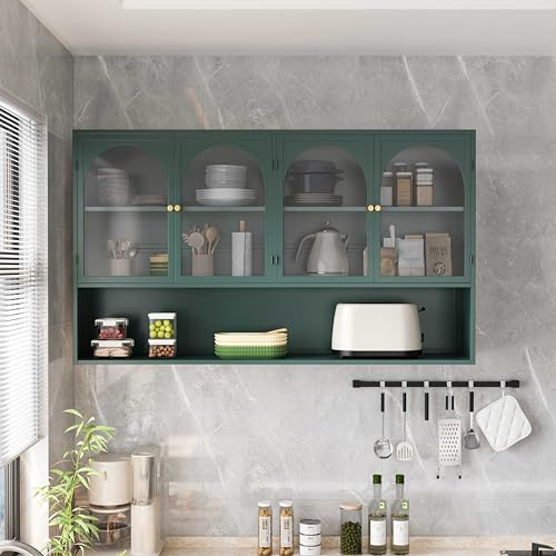 Armario Baño Pared, Armario Pared con 4 Puertas de Vidrio Transparente, Armario Cocina Pared Grande Suspendido de 120 cm, Armario para Baño/Salon, Botiquín de Pared, Blanco/Negro/Verde Oscuro