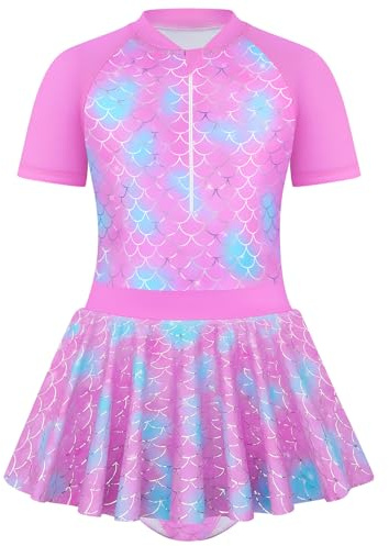 JiAmy Baddräkt för flickor, kortärmad barnbaddräkt med kjol, fiskfjäll, flicka, strand, badmode för 4–12 år/104–152 cm, Neonrosa, 5-6 år