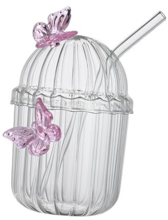 PRETYZOOM Glasbecher Mit Deckel Und Strohhalm Transparentes Glas Trinkglas Mit Niedlichem Schmetterlingsdesign Praktische Wasserflasche Für Tee Milch Soda Büro Zuhause