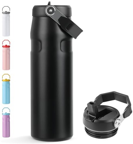 Thermosflasche mit Strohhalm, 720ml BPA-frei Edelstahl Trinkflasche, Auslaufsicher, Kohlensäure Geeignet, mit Strohhalm & Schraubdeckel, Isolierte Doppelwandige Wasserflasche für Sport, Schule & Büro