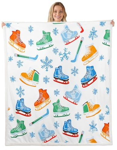 Erosebridal Ice Hockey Fleece Blanket Puck Sports Sherpa Blanket 40X50 for Boys Kids Teens Adults Winter Event Ball Games Fuzzy Plush Throw Ice Skates Hockey Sticks Snowflakes Blankets