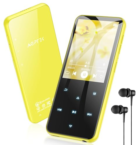 AGPTEK 64Go MP3 Bluetooth avec Haut-Parleur, 2.4 Grand Écran Lecteur MP3 en Métal Qualité Sonore HiFi Audio MP4 Baladeur Sport de Bouton Tactile Radio FM Podomètre Enregistreur 60H de Musique - Jaune