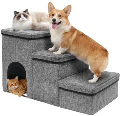 Hundetreppe für Kleine Hunde 3 Stufen - Haustiertreppe mit Stauraum - Breite Dog Stairs Faltbare mit Rutschfestem Boden - Katzentreppe für Alte Katzen 40 cm Ideal für Bett Sofa Fensterbänke