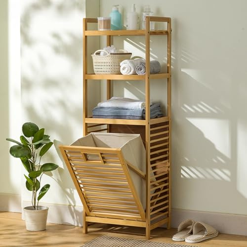 Bamboo Laundry Basket with Removable Pull-Out Bag and Storage Shelf, Easy to Assemble Hamper for Bathrooms, Bedrooms, Dorms, and Laundry Rooms