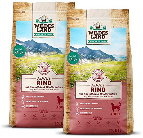 WILDES LAND – Rind | Trockenfutter mit extra hohem Fleischanteil und natürlichen Zutaten für ausgewachsene Hunde. Alleinfutter ohne Zusatzstoffe im Beutel | 24kg Rind