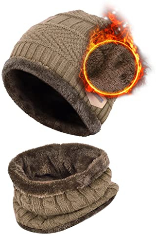 Aisprts Vintermössa beanie halsduk set termisk stickad mössa vintermössa och loop halsduk med fleece foder för män och kvinnor, unisex vinter varm set, kaki, En Storlek
