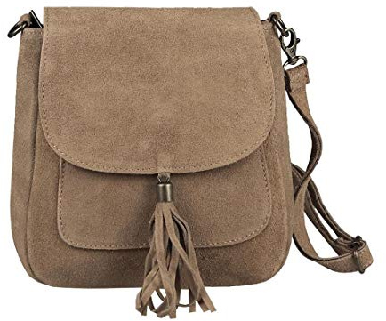 Made in Italy Damen Leder Tasche Messenger Bag Henkeltasche Wildleder Handtasche Umhängetasche Ledertasche Schultertasche Beuteltasche Fransen Cross-Over Taupe