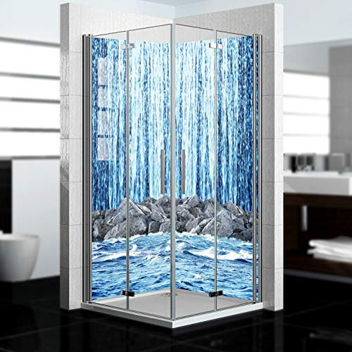 dedeco Eck-Duschrückwand wasserfest mit Wasserfall V14 Motiv UV-Lack matt - 2 x 90x200 cm, als Badrückwand zum Fliesenersatz, Dekorwand, Wandverkleidung und Duschplatte aus Aluminium - Made in Germany