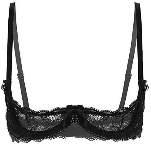 JEATHA Womens Sheer Mesh Sexy 1/4 Cups Lace Balconette Bra Underwire Push Up Shelf Bralette Tops Lingerie Black XL