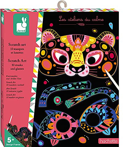 Janod - Kratzbilder-Set Tiermasken - Les Ateliers du Calme - Kreativ-Set für Kinder - Feinmotorik und Kreativität - Ab 5 Jahren, J07966