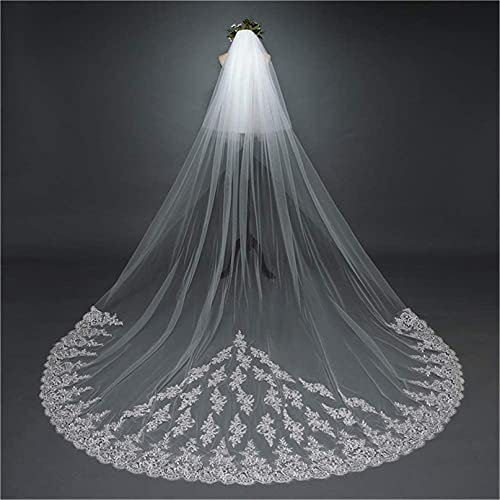 ABWYB Brautschleier mit Kamm, Große Nachlaufende Lange Hochzeit Schleier Spitze Applique Doppelschicht Heiraten Headpieces Foto Studio Weiche Tüll Braut Kathedrale Kleid Zubehör,Elfenbein,3m