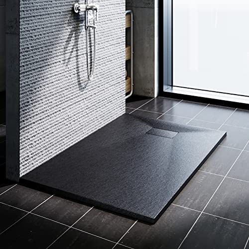 SONNI Receveur de douche 160 x 90 cm - Noir aspect ardoise et structure antidérapante - Avec siphon