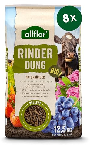 Allflor Rinderdung gekörnt - 8 x 12,5 Kg - Rinderdungpellets im Beutel - Wirtschaftsdünger von Rindern - Biologischer Gartendünger - Rindermist - Fördert die Humusbildung