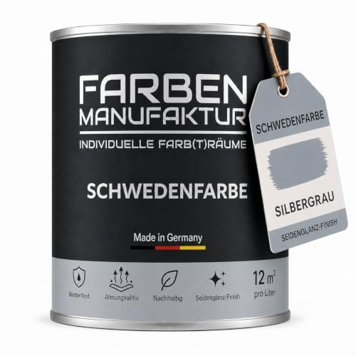 Schwedenfarbe Holzfarbe Außen Wetterfest – Holzschutzfarbe für Fassade, Gartenhaus, Zaun & Scheune – Diffusionsoffen & Nachhaltig Wetterschutzfarbe 1/2/5L, Größe: 1L, Farbe: Silbergrau
