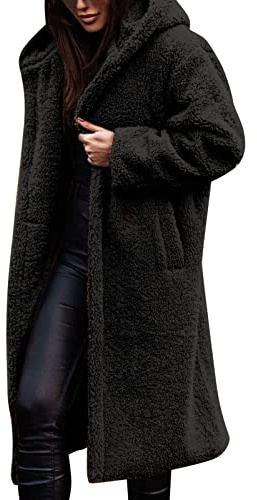 Kort kappa dam, damkappa fuskpäls ull för långärmad jacka med huva långa ytterkläder elegant enfärgad öppen kofta kvinnor mode teddy-fleece rock varm pälskappa, svart, L