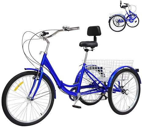 JINPRDAMZ 24 Zoll 7 Gang Dreirad für Erwachsene, Klappfahrrad Dreirad Mit Einkaufskorb und Rückenlehne Einsteiger Fahrrad, Geeignet für Erwachsene, Senioren und Fahranfänger. (Blau)
