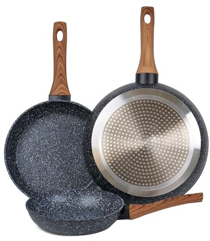 wellhouse Set di 3 padelle antiaderenti in granito, padella in granito, padella per uova, omelette, manico resistente al calore, pentole e padelle antiaderenti, con manico staccabile in legno