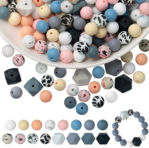 UNAZOVER 104 stycken silikonpärlor pärlor för armband, rund polygon färgglada pysselpärlor med hål för gör-det-själv halsband, armband, smycken, hantverk, gör-det-själv-hantverk
