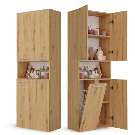 CDF Badezimmerschrank Bad Schrank Mit Wäschekorb Eiche Artisan Badschrank | Mehrzweckschrank Badregal Stehend Hochschrank Offene Regale Tür Bodenschrank Allzweckschrank 1 Wäschekorb 174x60x30