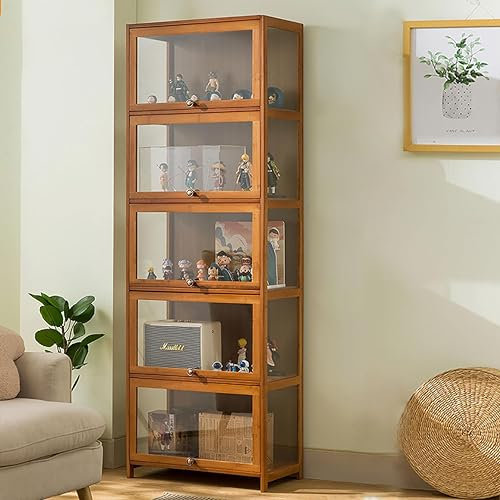 FERFXN Vitrine, Kuriositätenschränke mit Glastüren, Glasvitrine, Bambus-Aufbewahrungsschrank, Sammlungsdisplay, sicher und gesund, 80 * 32 * 172CM Brown