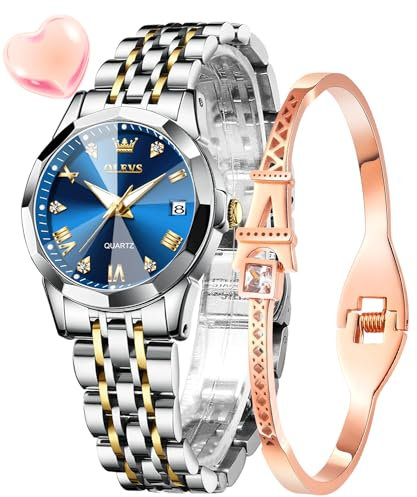 OLEVS Damenuhr Gold Silber Diamant Analog Quarz Uhren Damen Edelstahl Wasserdicht Leuchtend Modisch Elegantes Kleid Armbanduhr Armreif Geschenk Set