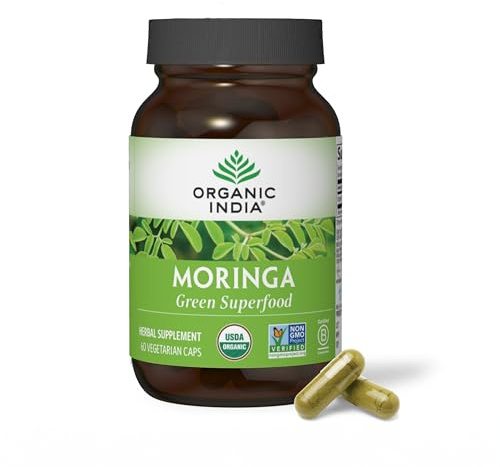 ORGANIC INDIA Moringa Capsules Organic - Moringa Leaf Supplement, Green Superfood Supplement, Pure Supergreen, Vegan Greens, Nature's Multivitamin, Vegan, Gluten-Free - 60 Capsules